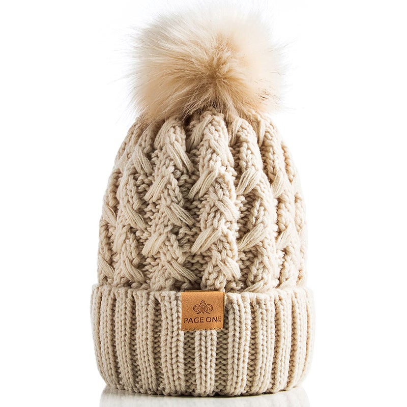 PAGE ONE Womens Winter Ribbed Beanie Crossed Cap Chunky Cable Knit Pompom Soft Warm Hat Beige - Image 1